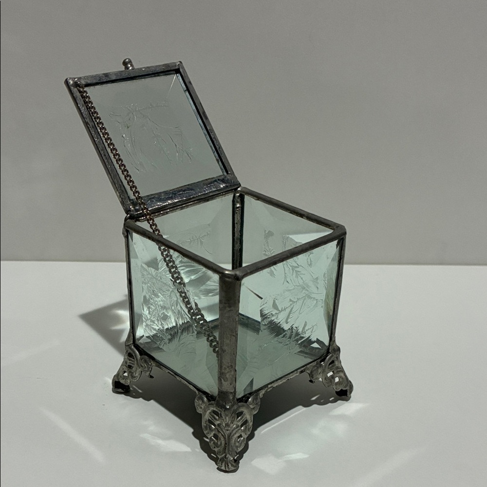 Vintage French Victorian Jewelry Casket Box With Beveled Etched Glass Ormolu 3”